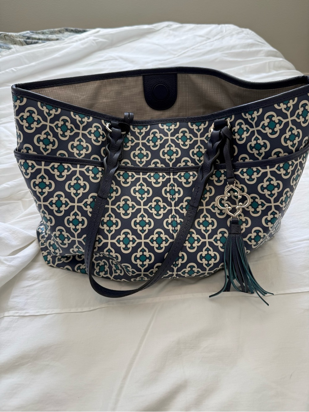 Brighton Navy, Cream & Teal Patterned Tote with Tassel Charm